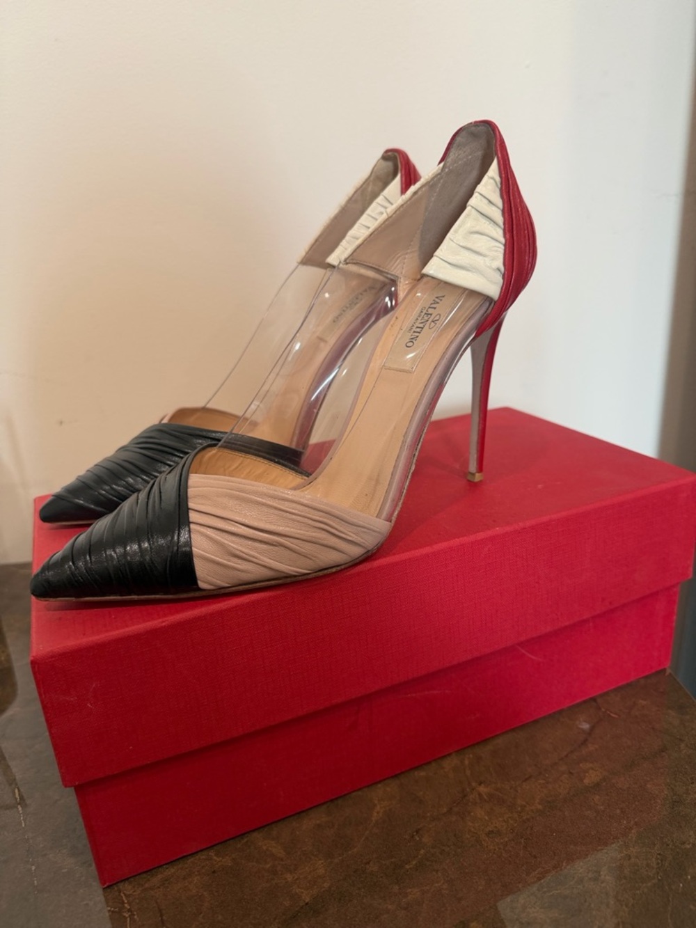 Valentino Garavani Black, Beige and Clear Pointed D'Orsay Pumps - Picture 2 of 4